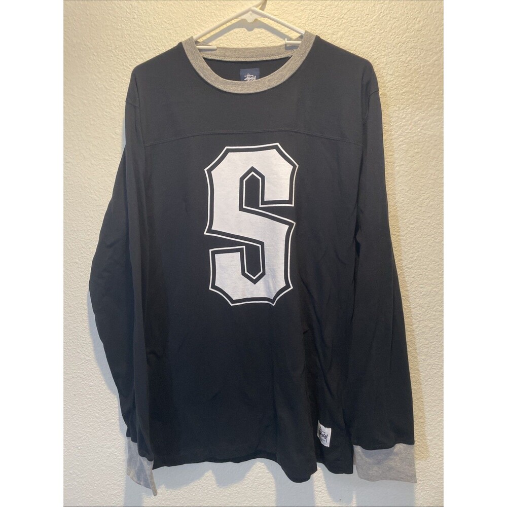 Stussy 80 Football Jersey Long Sleeve Shirt Mens Large Black White Graphic Tee